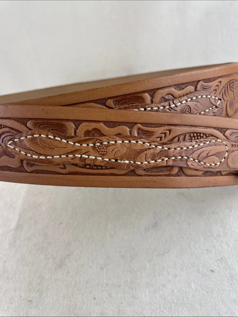 Tooled Leather Floral Belt in Cognac Brown